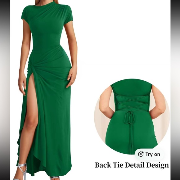 Women's Boat Neck Ruched High Split Bodycon Dress - Picture 3 of 6